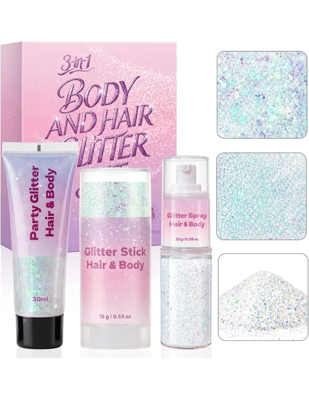 3-in-1 Body Face Hair Glitter Set, Sparkling White Iridescent Glitter Gel